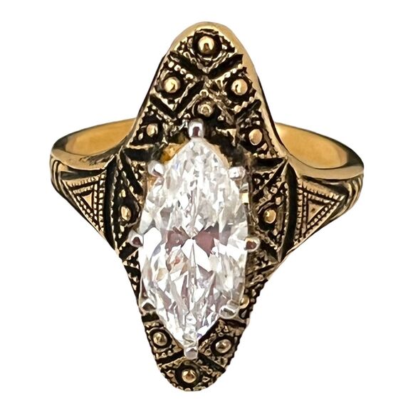 Vintage 18KT Ring Size 7 Gold Plate Marquis Cut Mid-Century Art Deco Style 4Q - Picture 1 of 5